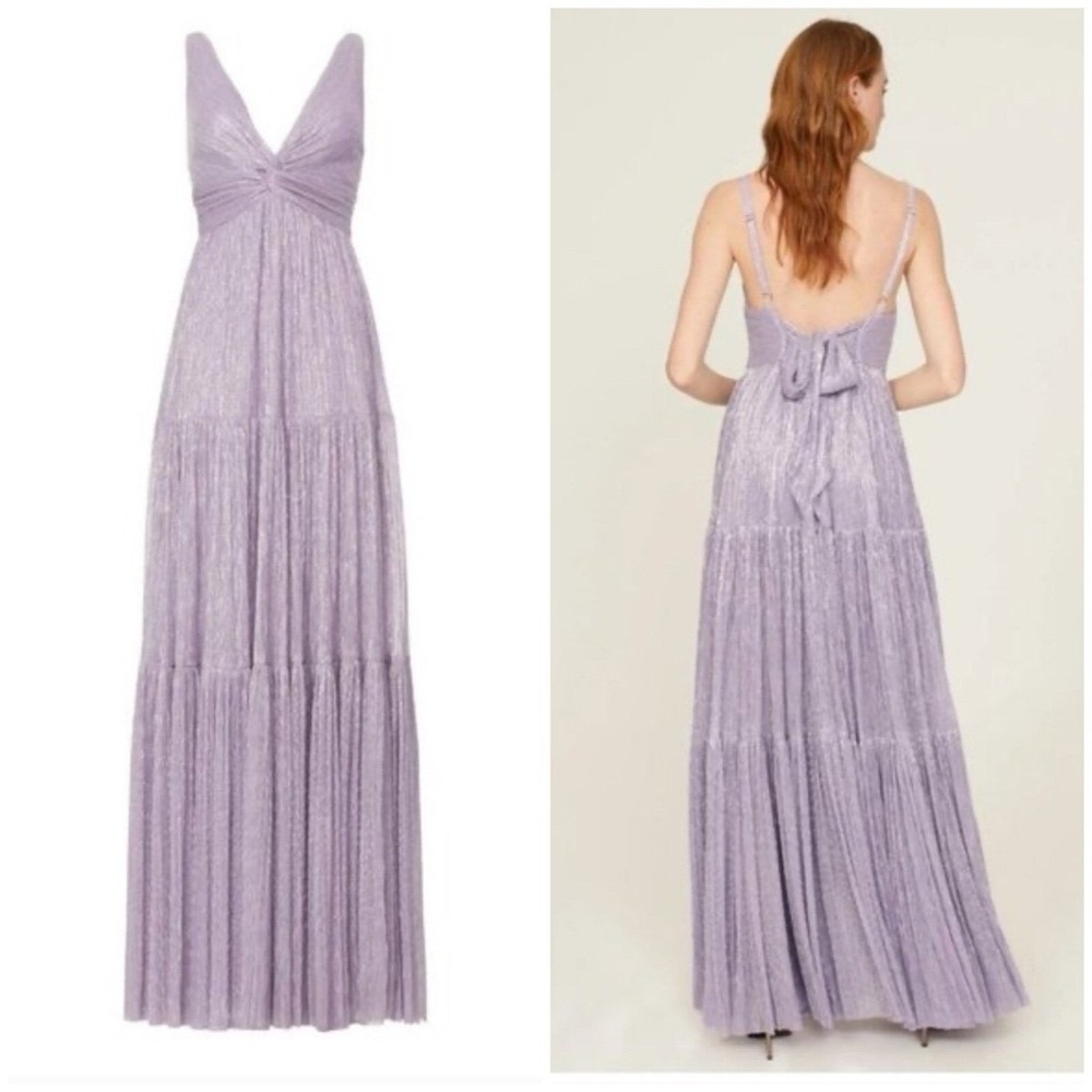 Sabina Musayev Lavender Metallic Pleated Maxi Dress V-Neck Tiered Gown Small e5